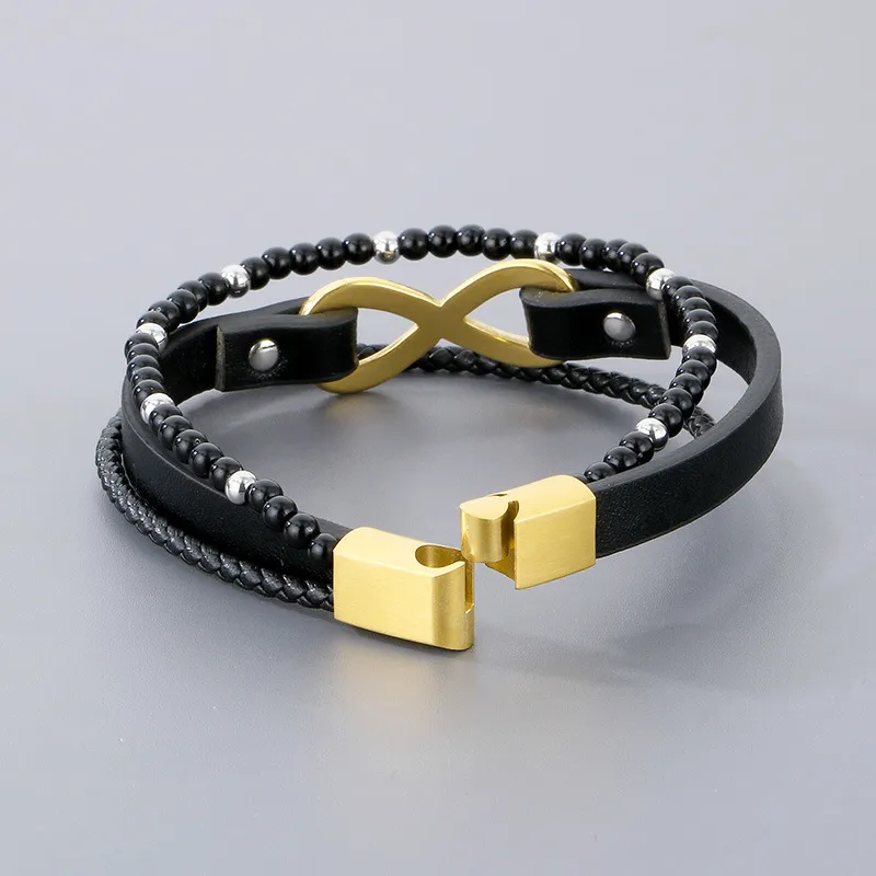 Trendy Men's Stainless Steel 8-Shaped Multi-Layer Woven Leather Bead Magnetic Buckle Bracelet