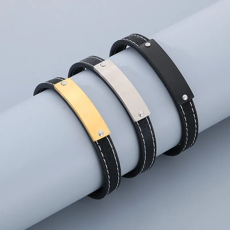 Jewelry Wholesale Men's Trendy Stainless Steel Geometric Curved Plate with Logo Engraved Leather Bracelet