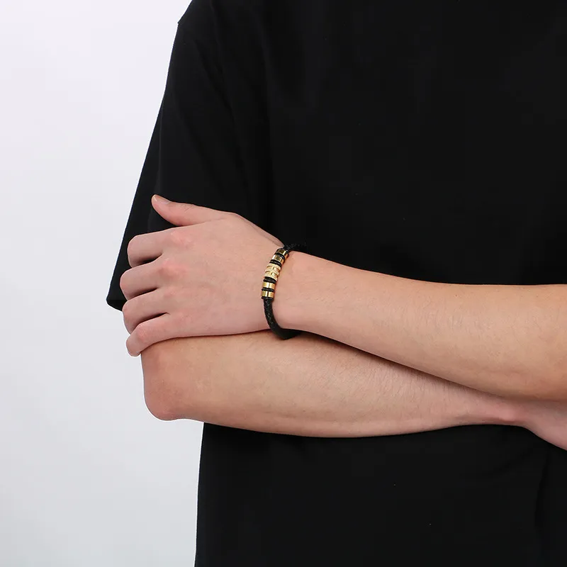 Minimalist and Trendy Stainless Steel Magnetic Buckle Bracelet Woven Leather Bracelet for Men