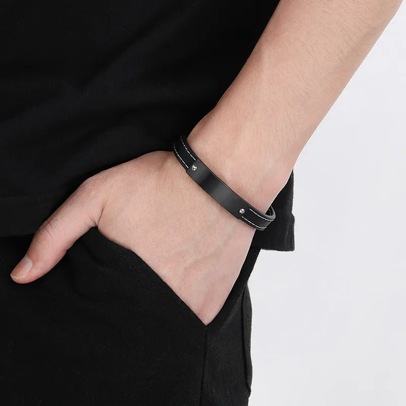 Jewelry Wholesale Men's Trendy Stainless Steel Geometric Curved Plate with Logo Engraved Leather Bracelet