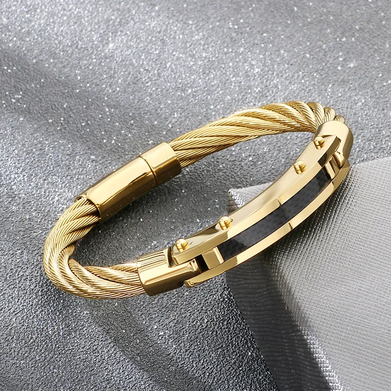 Punk Retro Style Stainless Steel Wire Cable Bent Plate Domineering Men's Bangle