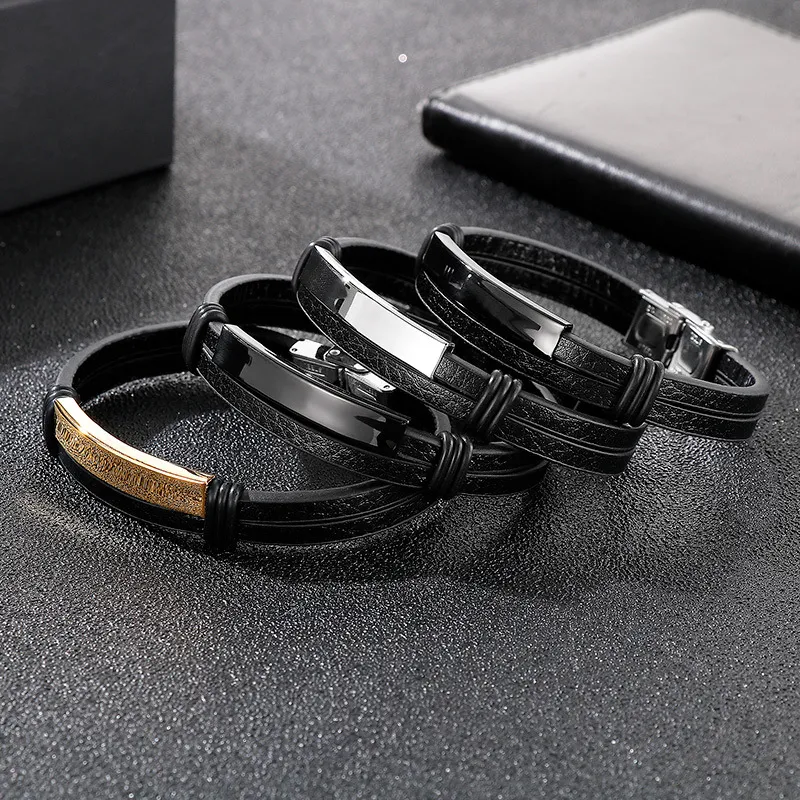 Stainless Steel Geometric Curved Plate Engraved Men's Woven Double-Layer Leather Bracelet Jewelry Wholesale