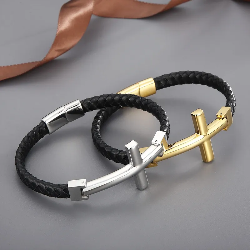 Trendy Stainless Steel Cross Woven Single Circle Cowhide Rope Leather Bracelet Wholesale Accessories
