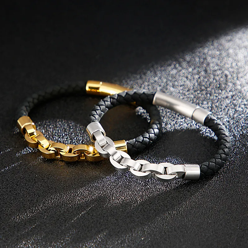 Men's Trendy Stainless Steel Braided Leather Rope Splicing Chain Domineering Leather Bracelet