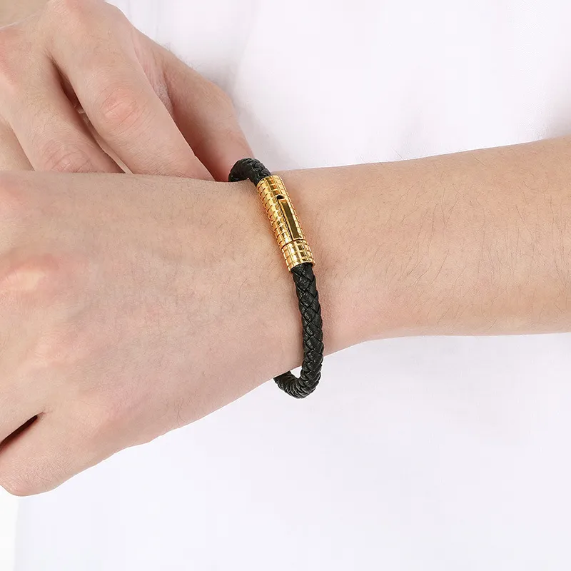 Fashionable Men's Stainless Steel Mesh Buckle Super Fiber Leather Rope Woven Bracelet Jewelry