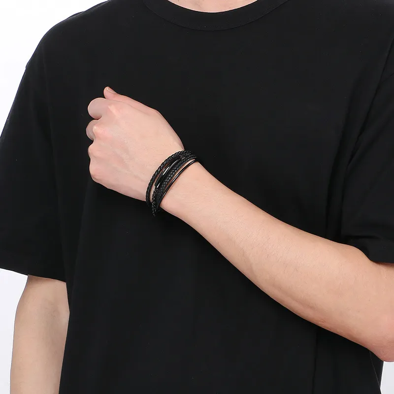 Men's Geometric Personalized Stainless Steel Magnet Buckle Multi Layer Braided Leather Bracelet Jewelry Wholesale