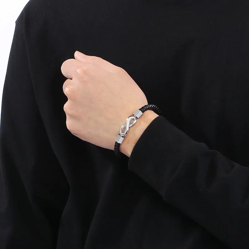 European and American Fashion Stainless Steel Creative 8-Shaped Accessory Men's Woven Leather Rope Bracelet