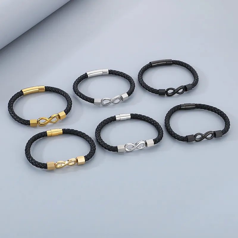 European and American Fashion Stainless Steel Creative 8-Shaped Accessory Men's Woven Leather Rope Bracelet