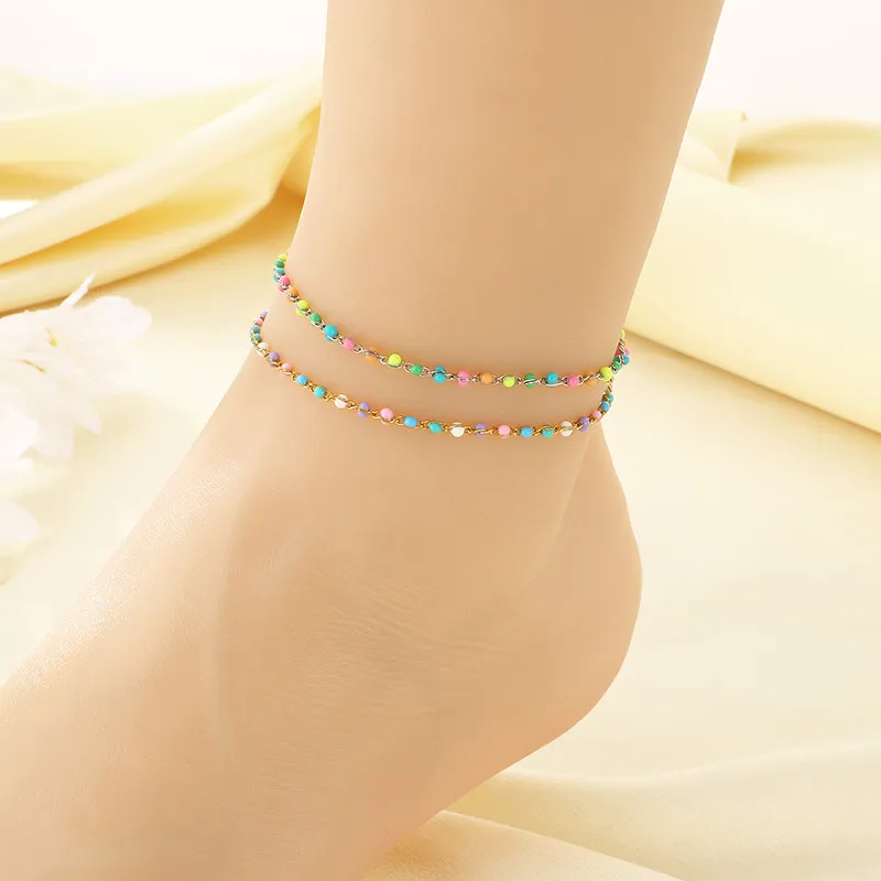 Bohemian Summer Accessories Bead Enamel Wheat Butterfly Stainless Steel Anklets for Women