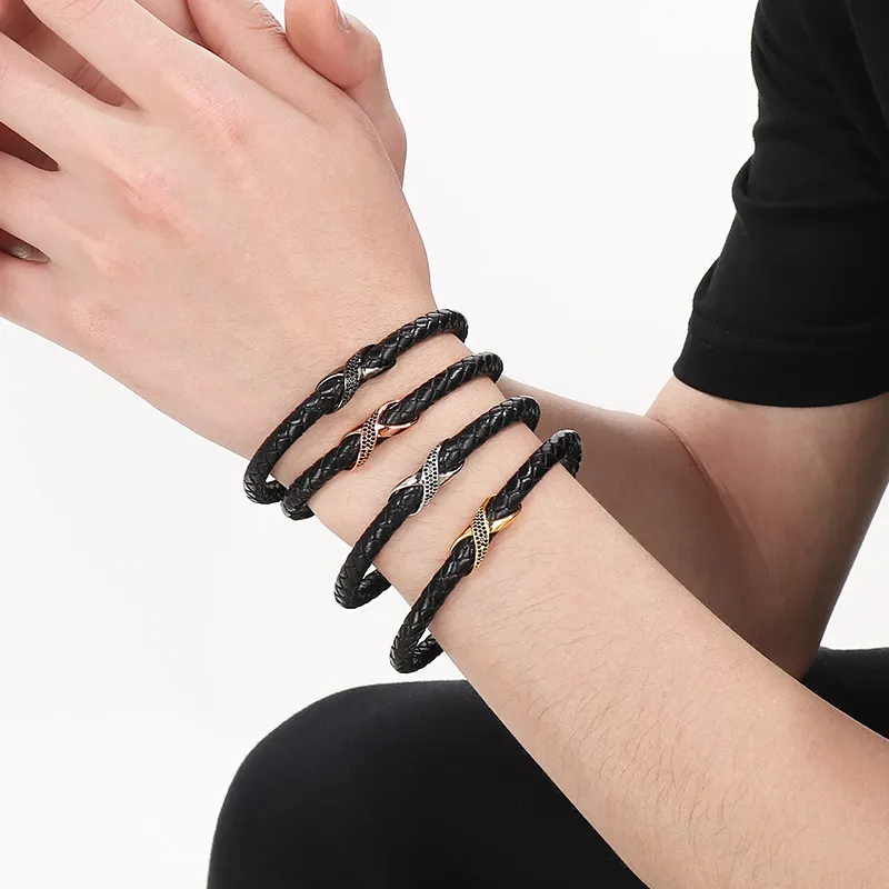 Men's Trendy Stainless Steel Magnetic Buckle Creative Diamond Inlaid 8-Shaped Retro Woven Leather Rope Bracelet