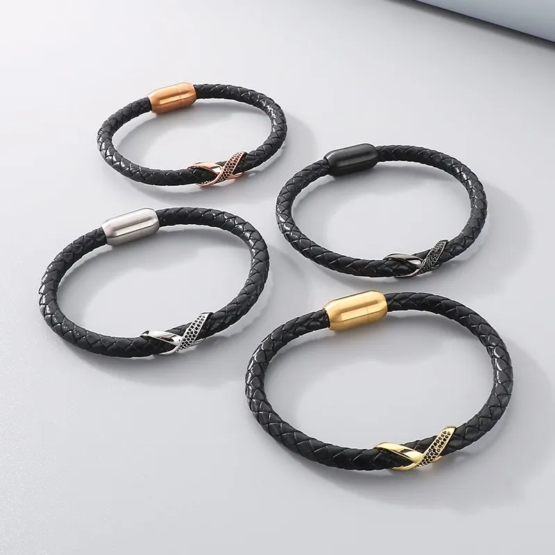 Men's Trendy Stainless Steel Magnetic Buckle Creative Diamond Inlaid 8-Shaped Retro Woven Leather Rope Bracelet