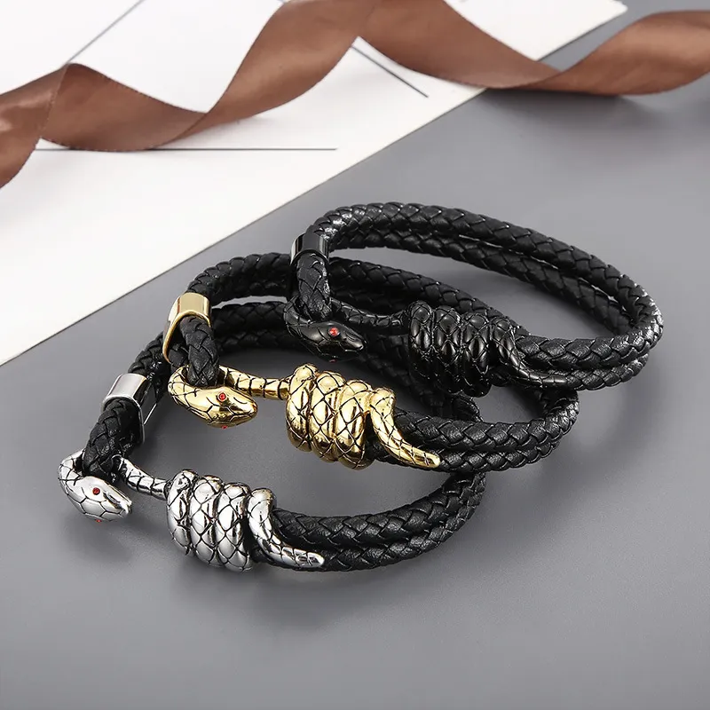 Fashionable Stainless Steel Winding Snake Animal Connection Hand Rope Woven Leather Men's Bracelet