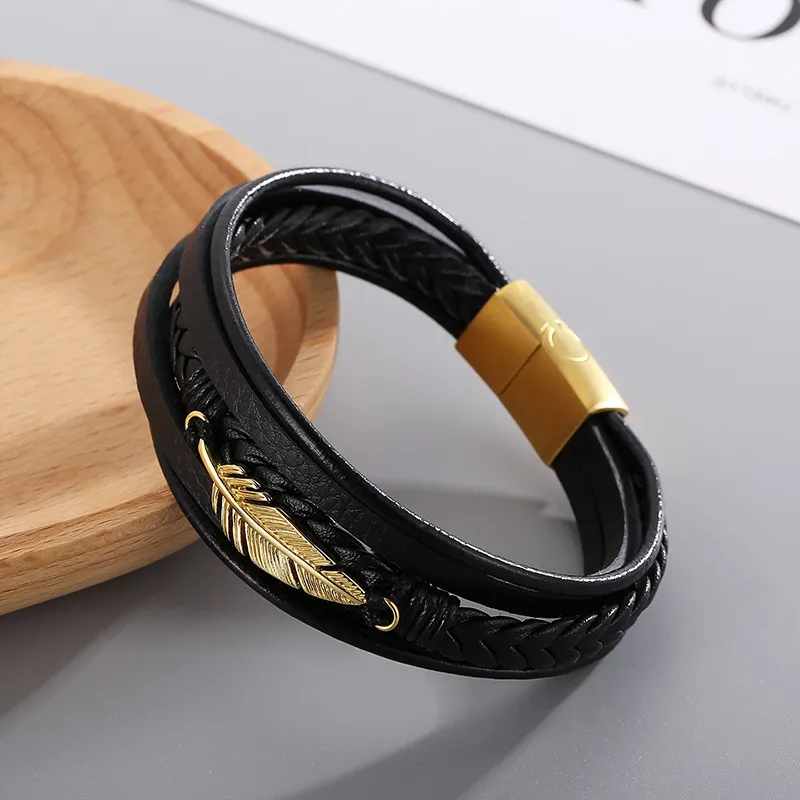 Fashionable Stainless Steel Feather Multi-Layer Woven Leather Men's Bracelet Jewelry