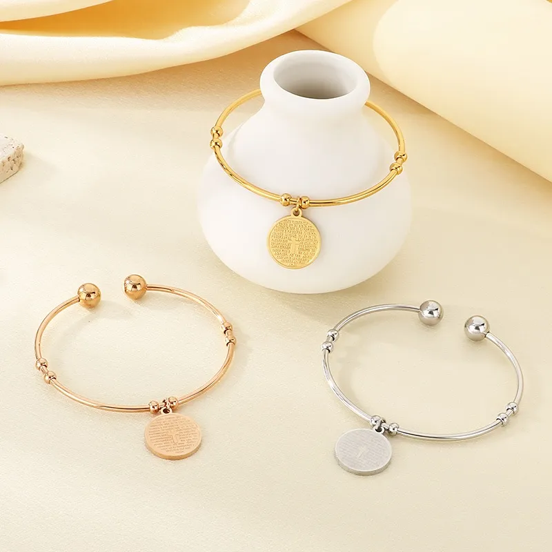 Stylish 18K Gold Round Cross Stainless Steel Openning Bangle Jewelry Wholesale