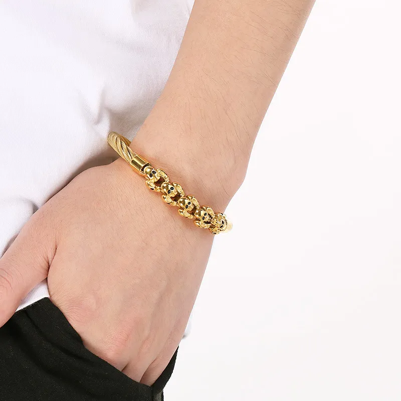 Retro Style Men's Stainless Steel Wire Waistband Punk Skull Bangle Bracelet