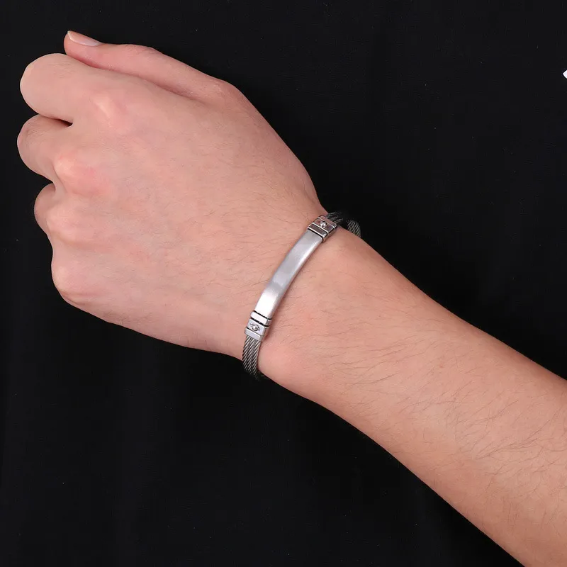 Stainless Steel Braided Three Row Steel Wire Rope Bangle with Curved Plate That Can Be Engraved with Letters