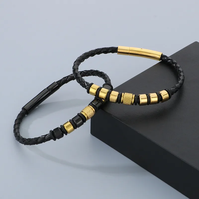 Trendy Men's Stainless Steel Unique Woven Geometric Mesh Leather Bracelet