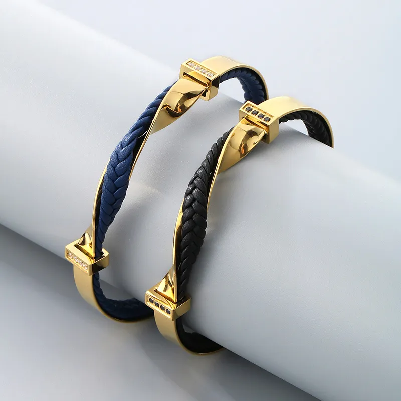 Fashion Stainless Steel Twisted Pattern Diamond Inlaid C-Shaped Open Woven Leather Bracelet Men's Jewelry