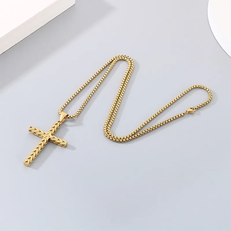 Stainless Steel Jewelry Vintage Wheat Spike Cross Hip-Hop Necklace