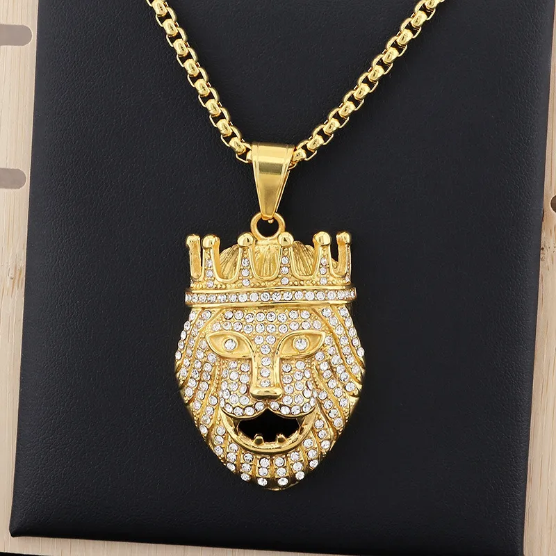 Hip-Hop Full Rhinestones Diamond Crown Lion Head Stainless Steel Men's Pendant