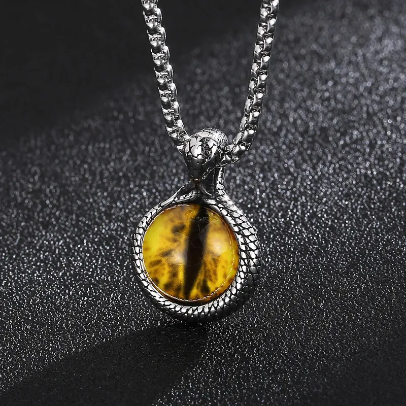 Trendy Cute Blue Yellow Snake Eye Stone Stainless Steel Men's Necklace Pendant