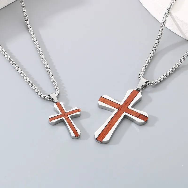 Simple Two-Tone Couple Necklace, Stylish and Unique Stainless Steel Inlaid with Rosewood Cross Men's Pendant