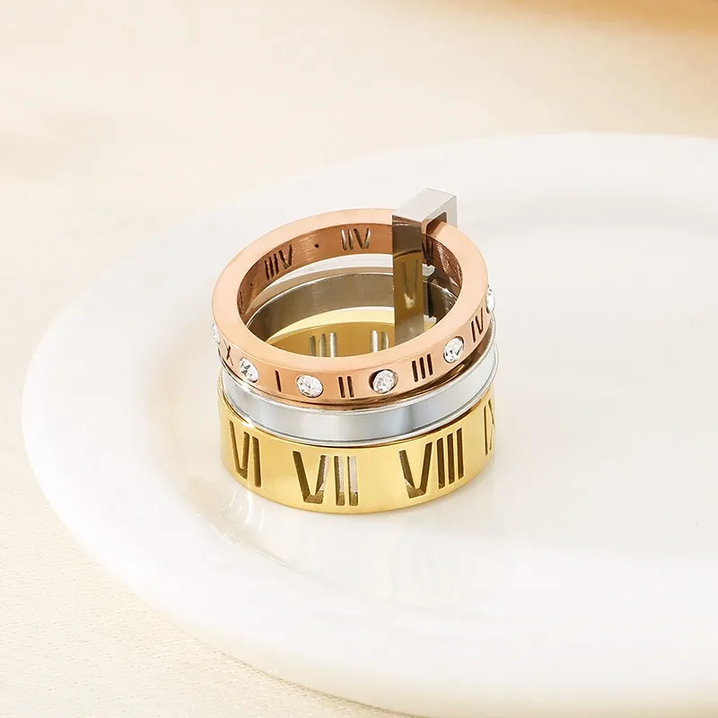 Elegant and Fashionable Stainless Steel Rhinestone Roman Numeral Jewelry Women's Ring