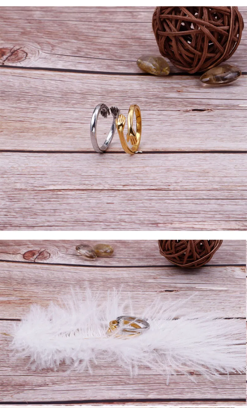 Rose Gold Plated Zircon Stone Hands Hug Stainless Steel Jewelry Ring
