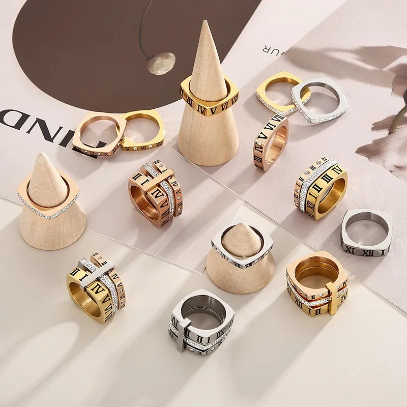 Personality Multi-Ring Square Ring Fashion Diamond-Embedded Roman Numeral Stainless Steel Ring Wholesale