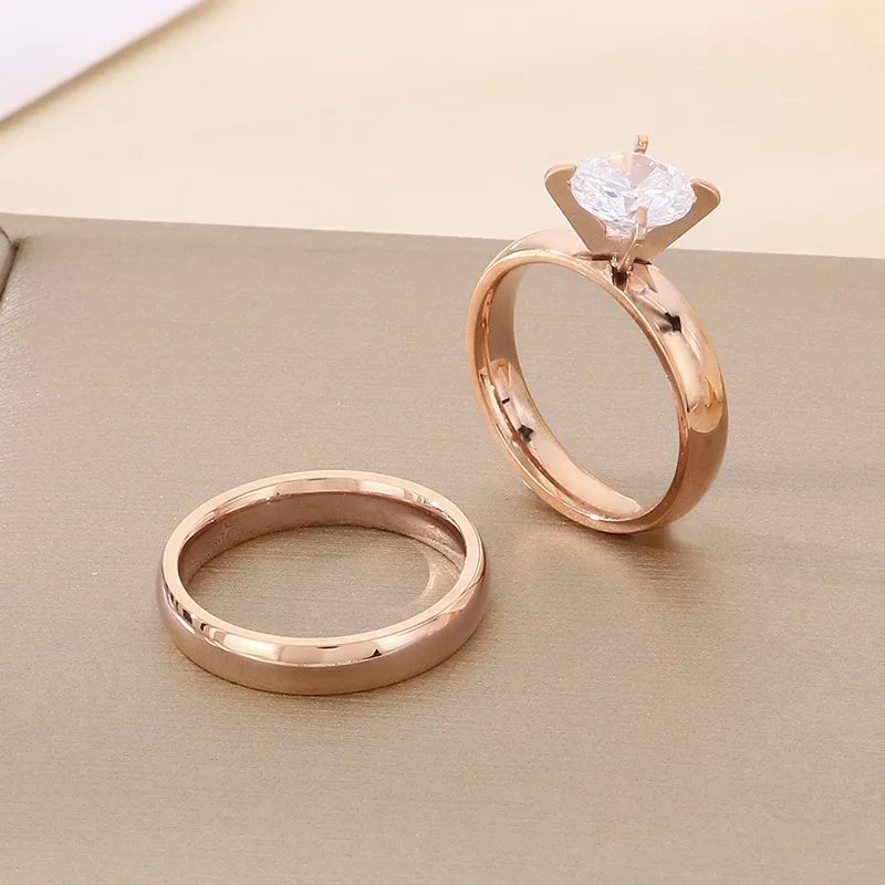 Minimalist Couple Rings 4-Prong Diamond Ring Pair 4mm Polished Stainless Steel Wedding Jewelry