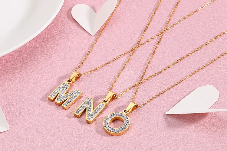 Women's Stainless Steel Full-Diamond 26 English Letters DIY Pendant Diamond-Embedded Collarbone Necklace