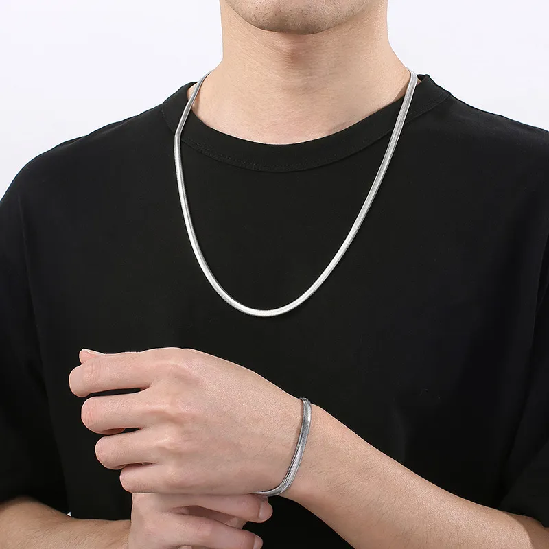 a Drop-Shipment Minimalist Jewelry Buckle Trendy European and American Hip-Hop Style Flat Snake Bone Chain Stainless Steel Necklace for Men and Women