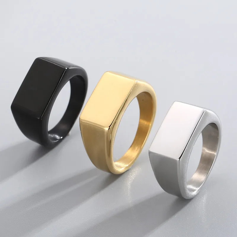 Geometric Surface Rectangular Laser Logo Black Cast Classic Stainless Steel Ring