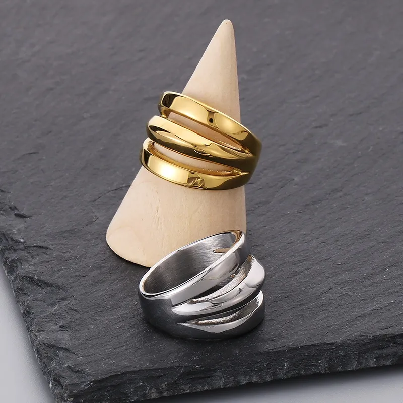 Stainless Steel Geometric Lines Personalized Three-Layer Ins Style Men's Atmospheric Ring