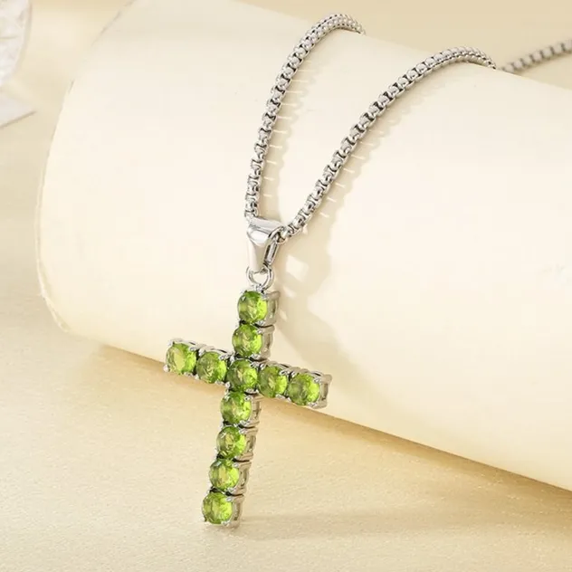Multi-Colored Diamond-Encrusted Cross Pendant Stainless Steel Tennis Chain Jewelry