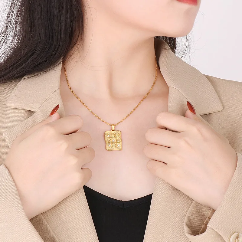 Irregular Pattern Square Necklace with Stars, Moon, Sun, and Entertainment Pendant Inlaid with Zircon Stainless Steel Necklace