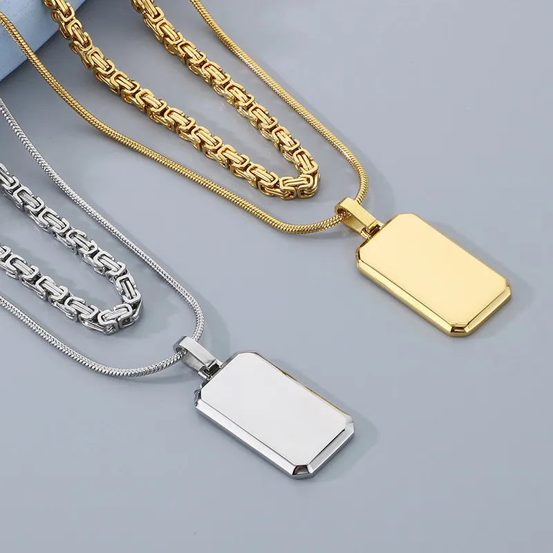 Trendy and Cool Emperor Chain Square Brand Necklace for Men, Double Layered Stainless Steel Military Brand Pendant Supporting Engraving