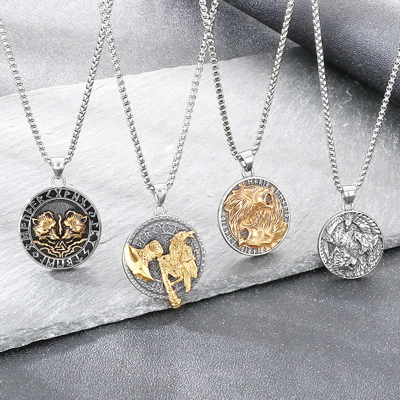 Nordic Viking Mythical Battle Axe Crow Totem Accessory Retro Mighty Double Wolf and Crow Stainless Steel Men's Pendant