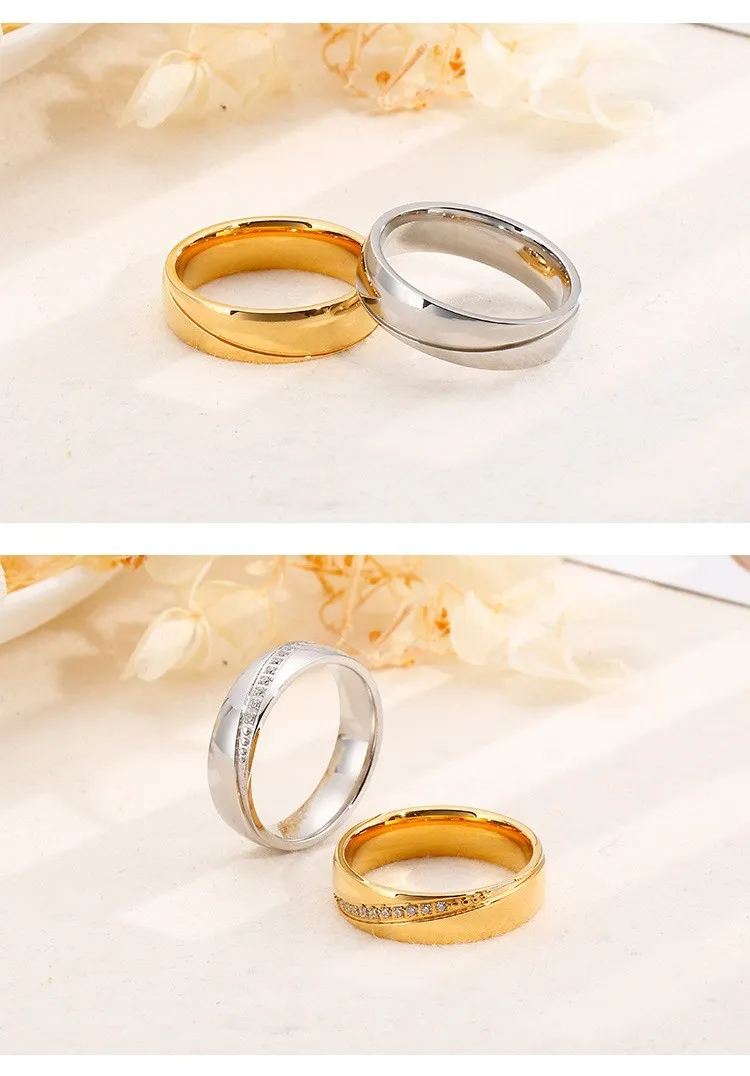 Cross-Border Hot-Selling Two-Tone Gold Stainless Steel Couple Rings with Diamonds