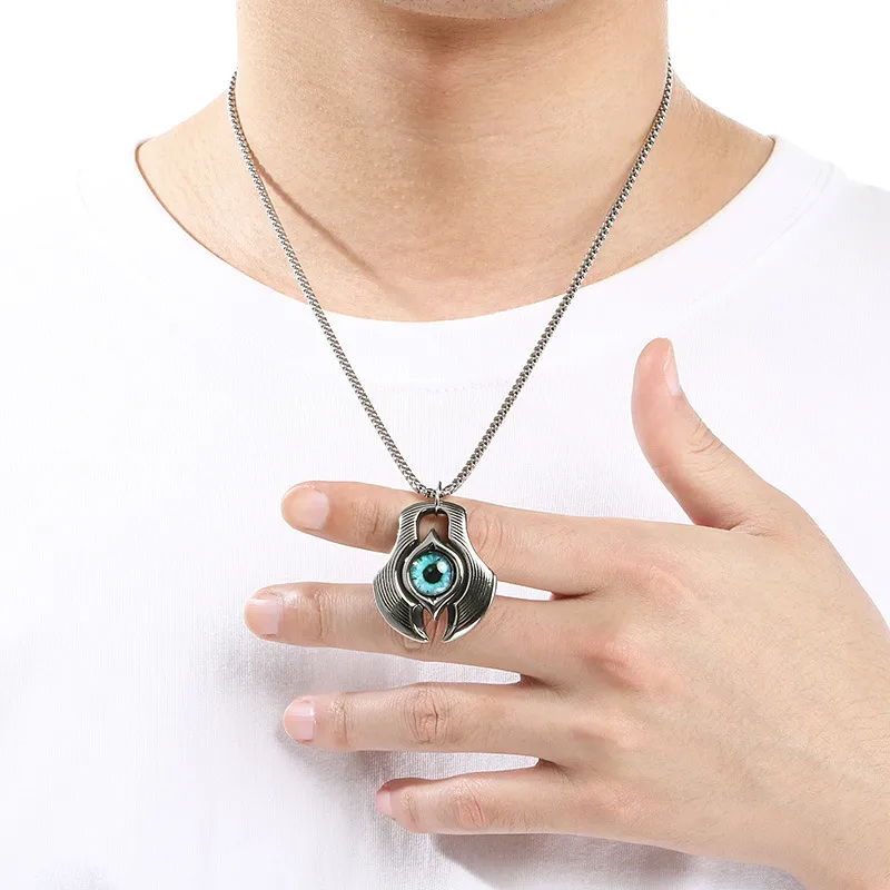 Trendy Axe Devil's Eye Pendant, Ethnic Style Retro Blue Turquoise Feather Pendant, Stainless Steel Men's Accessory