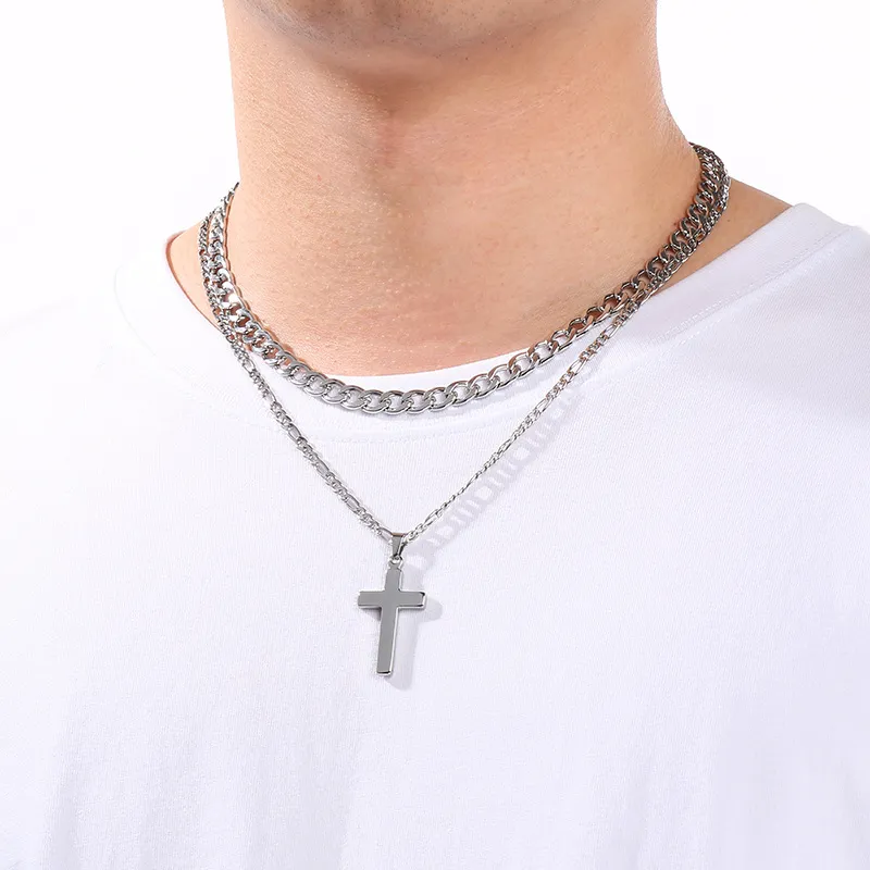 Retro, Simple, Engraved Cross Necklace, Trendy and Fashionable Nk Chain Double-Layer Stacked Stainless Steel Men's Pendant Necklace
