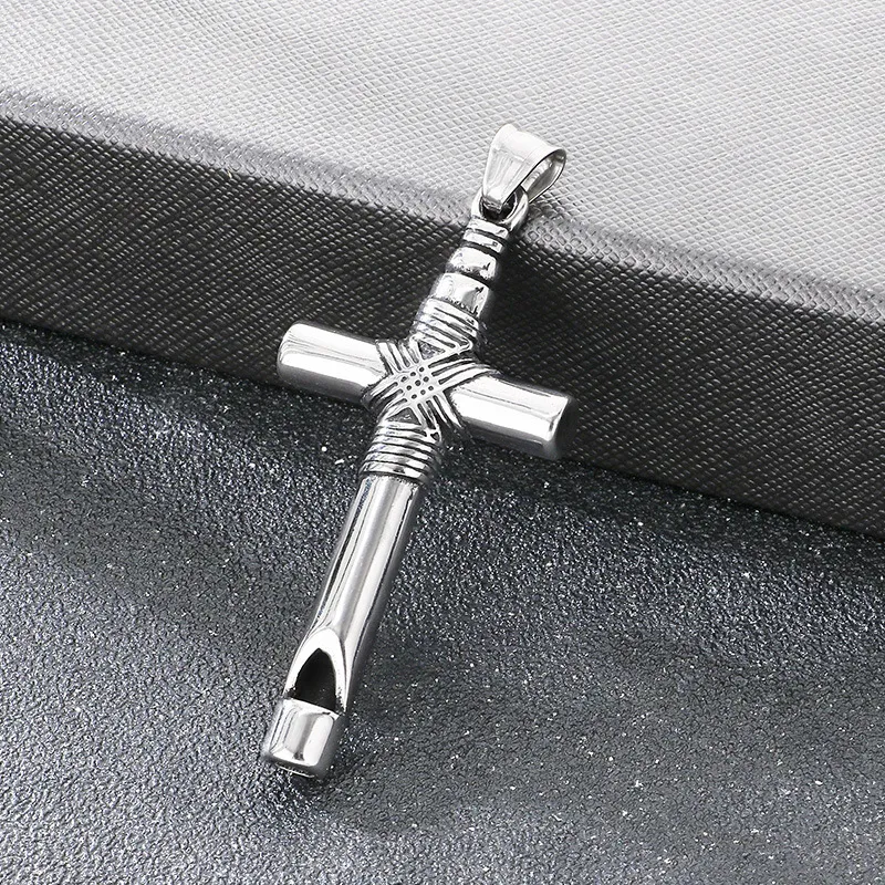 Creative Breathing Whistle Can Blow and Decompress Pendant, Exaggerated Blackening Ghost Head Cross Stainless Steel Men's Pendant