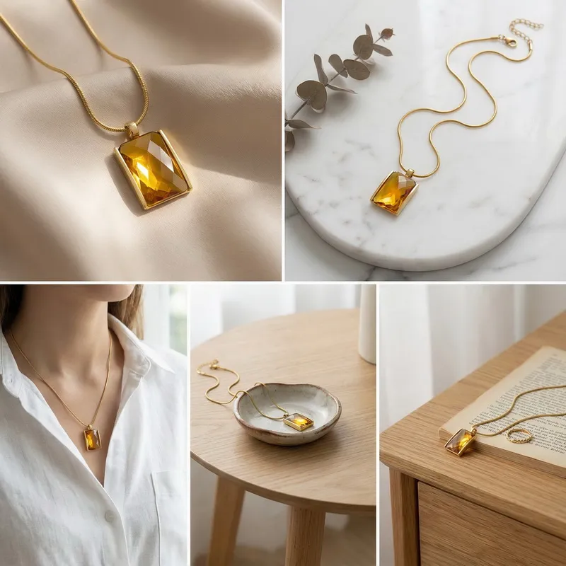 Personalized Square Multi-Color Glass Pendant Necklace Snake Bone Chain 18K Gold-Plated Stainless Steel Necklace Wholesale
