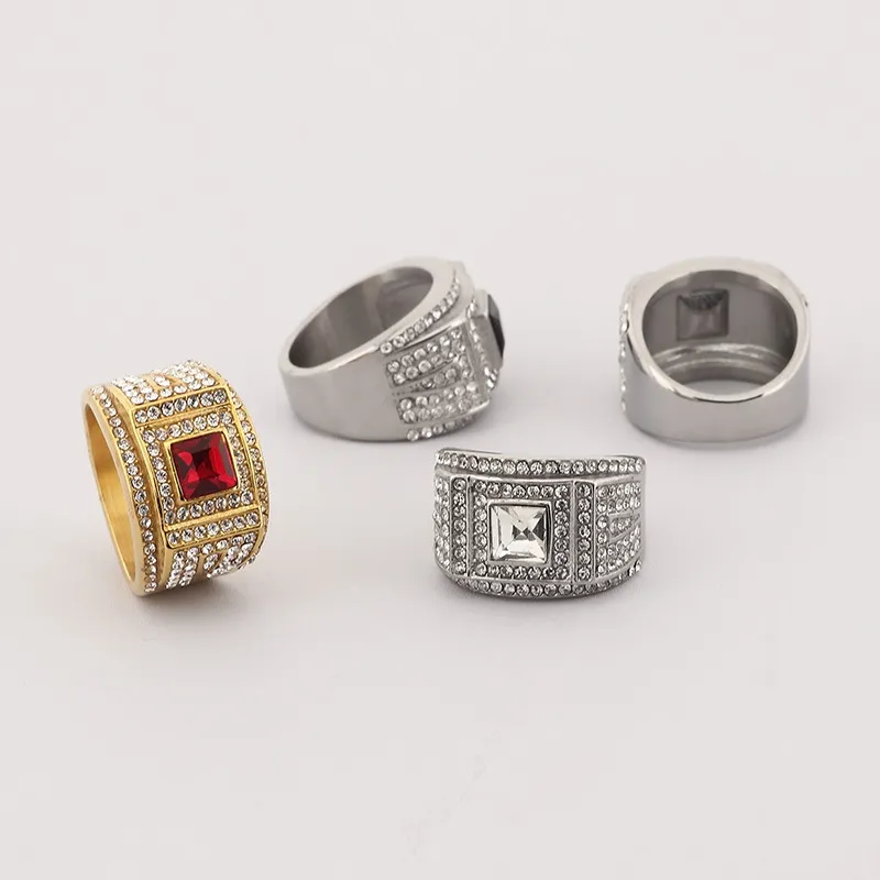 Cross-Border Fashionable Colored Gemstone Ring, European and American Hip-Hop Style, Studded with Diamonds, with a Solid Stainless Steel Texture, Men's Ring