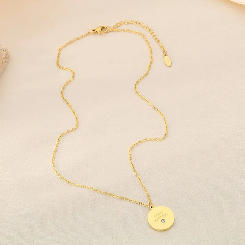 Simple Stainless Steel Circular Heart, Good Luck and Fortune Logo with Diamond Studded Pendant Necklace