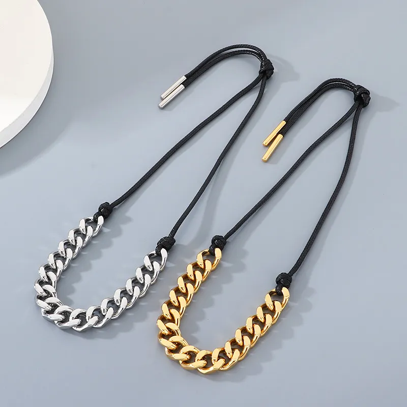 Vintage Western Cowboy Style Black Wax Rope Splicing Cuban Chain Long Adjustable Stainless Steel Men's Pendant Necklace