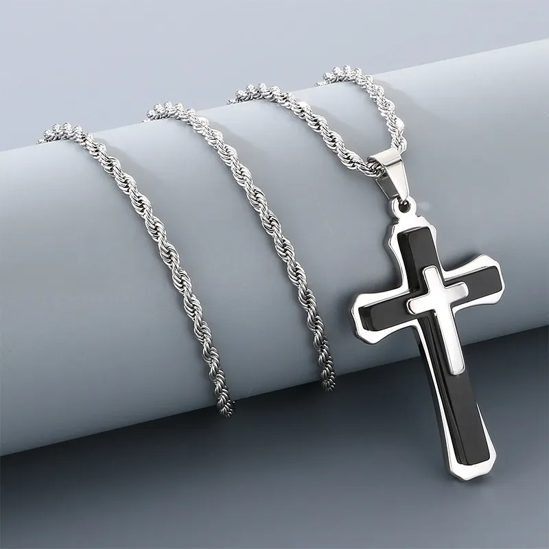 Men's Trendy Stainless Steel Three-Layer Three-Dimensional Cross Pendant Accessory Jewelry Wholesale
