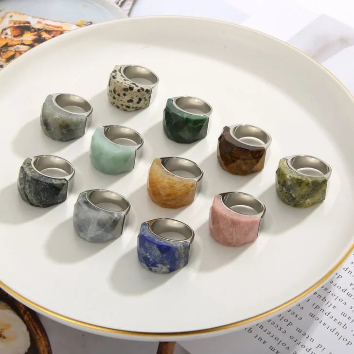 18K Gold Plated Women's Colorful Natural Stone Statement Ring