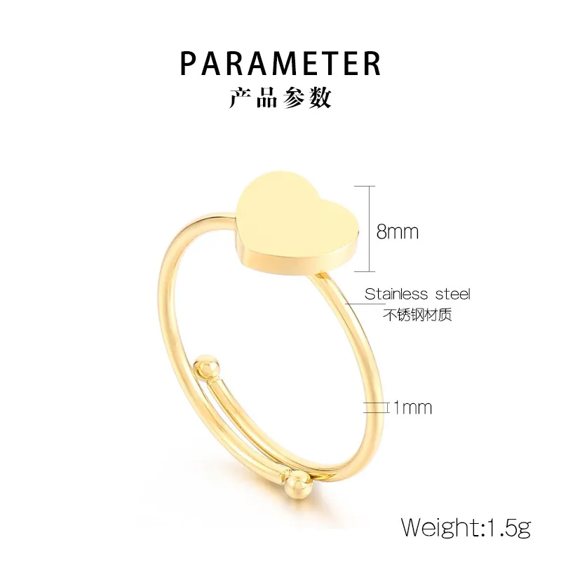 Minimalist Ins Style Stainless Steel Heart-Shaped Adjustable Size Ring for Girls' Accessories