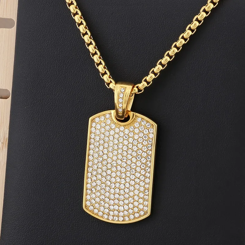 Personalized Trendy Straight-Cut Square Pendant, European and American Rock and Hip-Hop Fashion, Studded with Rhinestones, Stainless Steel Men's Necklace